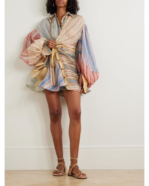 Zimmermann Multicolor Rebellion Patchwork Striped Linen And Silk-Blend Voile Mini Wrap Dress