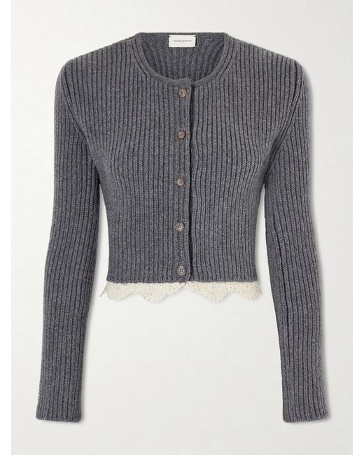 Magda Butrym Blue Cropped Lace-Trimmed Ribbed Wool Cardigan