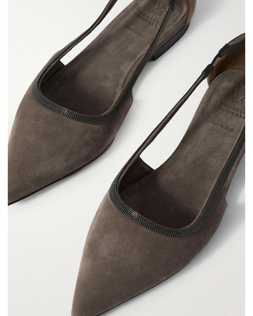 Brunello Cucinelli White Bead-Embellished Suede Point-Toe Flats