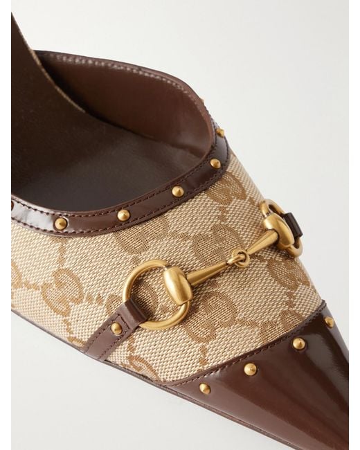 Gucci Natural Savoy Horsebit-Embellished Leather-Trimmed Canvas-Jacquard Pumps