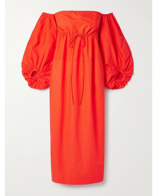 Rosie Assoulin Red Off-The-Shoulder Cotton-Poplin Midi Dress