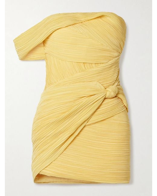 Cult Gaia Yellow Ahra Off-The-Shoulder Draped Plissé-Satin Mini Dress