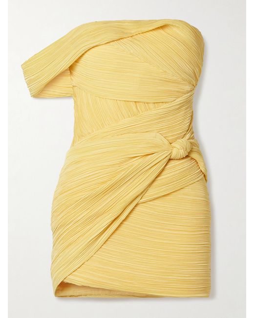 Cult Gaia Yellow Ahra Off-The-Shoulder Draped Plissé-Satin Mini Dress