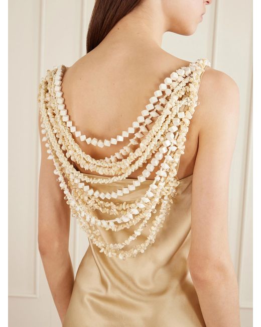 Balmain Natural Embellished Draped Silk-Satin Mini Dress