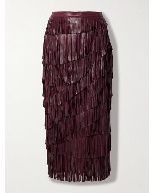 Ulla Johnson Purple Therese Tiered Fringed Leather Midi Skirt