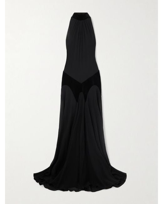 Alexander McQueen Black Cotton Velvet-Trimmed Gathered Silk-Georgette Turtleneck Gown
