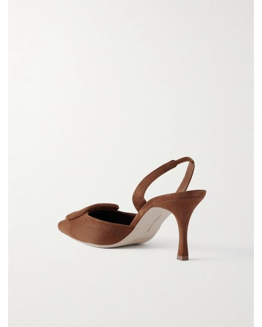 Manolo Blahnik Brown Maysli 70 Buckled Suede Slingback Pumps