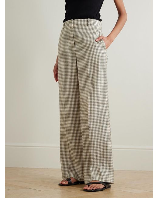 Theory White Checked Linen-Blend Wide-Leg Pants