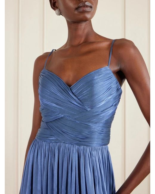 Costarellos Blue Sereen Draped Pleated Metallic Georgette Gown