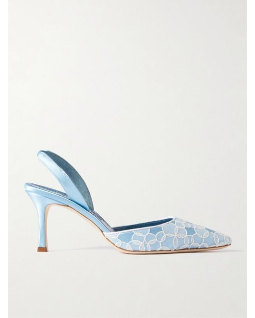 Manolo Blahnik Blue Carolyne 70 Satin And Lace Slingback Pumps