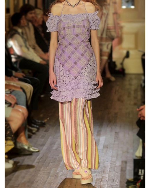 Anna Sui Pink Apron Checked Printed Cotton-Voile Halterneck Top