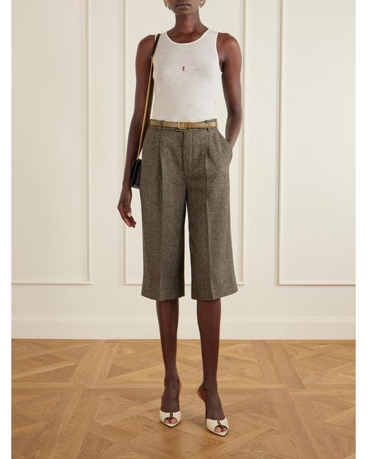 Saint Laurent Green Herringbone Wool-Blend Knee Shorts