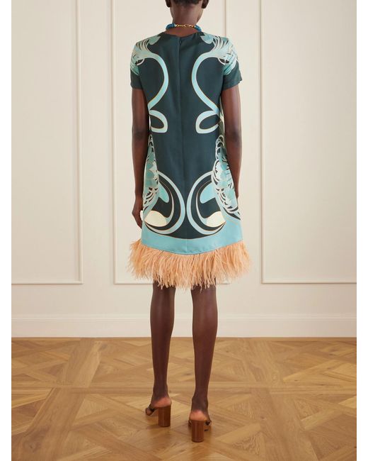 LaDoubleJ Green Swing Printed Feather-Trimmed Silk-Twill Mini Dress