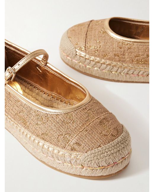 Jimmy Choo Natural 20 Espadrilles Aus Stroh Mit Metallic-Lederbesätzen, Logostickereien Und Plateau