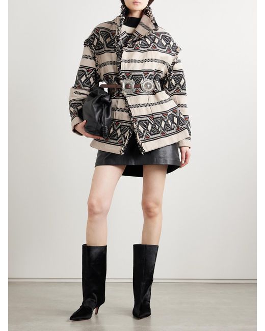 Isabel Marant Gray Josialo Belted Frayed Cotton-Blend Jacquard Jacket