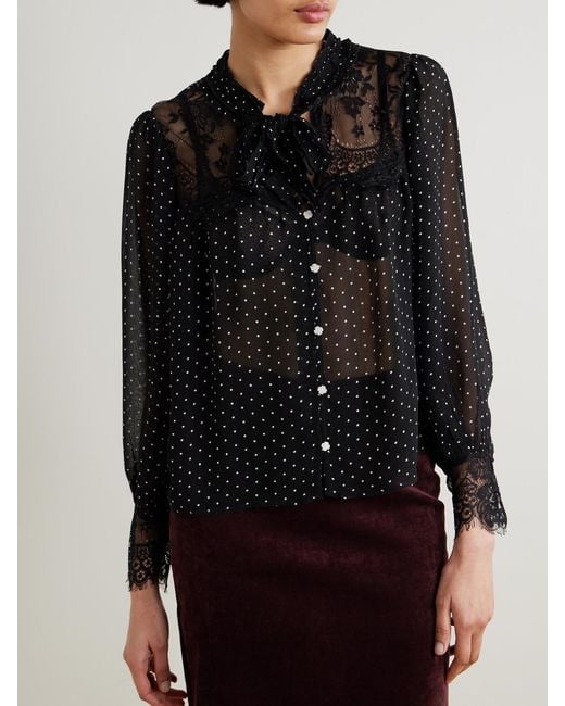 Sea Black Melody Tie-Detailed Lace-Trimmed Polka-Dot Crepe De Chine Blouse