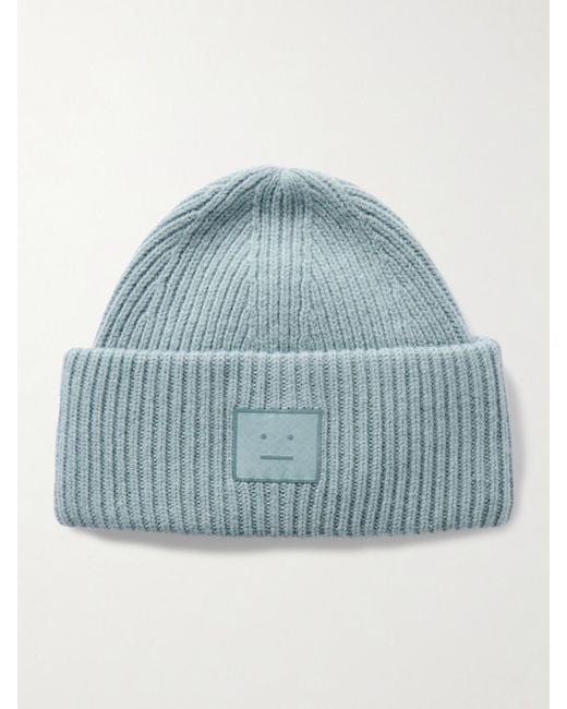 Acne Blue Appliquéd Ribbed Wool And Yak Hair-Blend Beanie