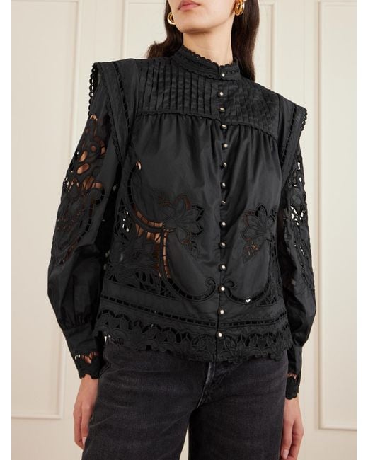 Farm Rio Black Richilieu Pleated Broderie Anglaise Cotton Blouse