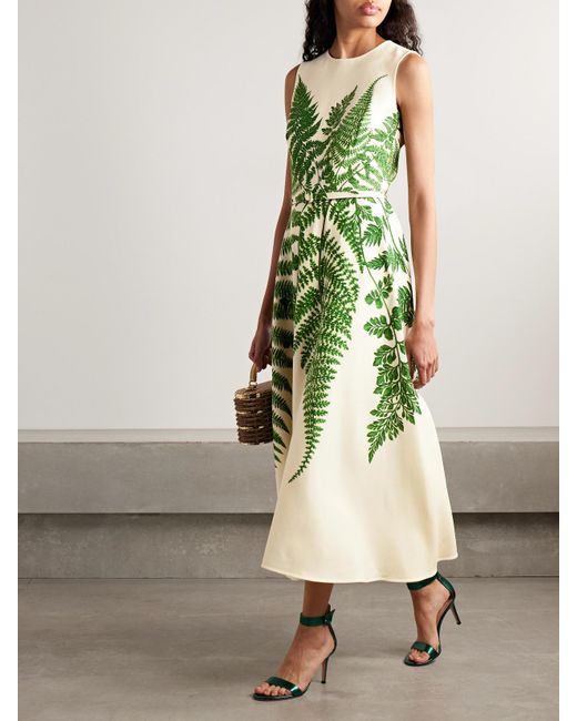 Oscar de la Renta Green Belted Printed Wool-Blend Crepe Midi Dress