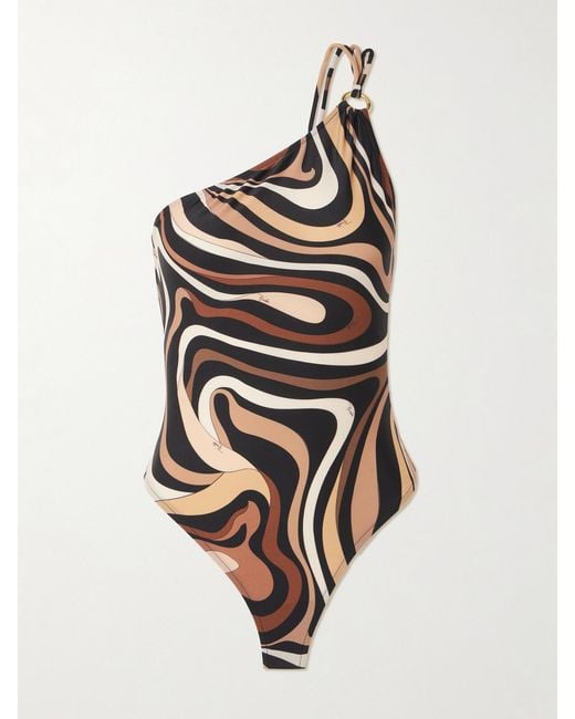 Emilio Pucci White Marmo Embellished One-Shoulder Printed Swimsuit