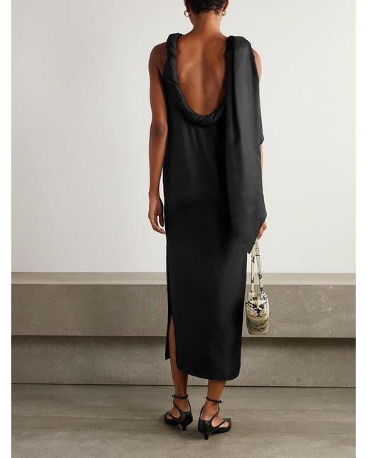 Loulou de Saison Black Susan Tie-Detailed Draped Silk-Twill Midi Dress