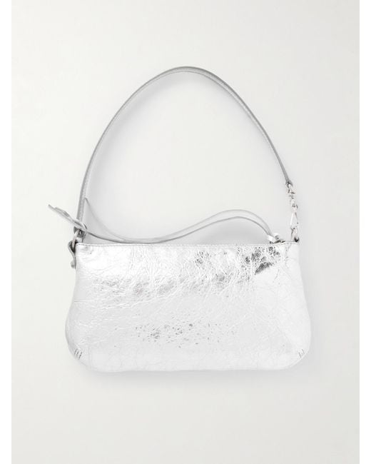 Balenciaga White Le City Mini Metallic Crinkled-Leather Shoulder Bag