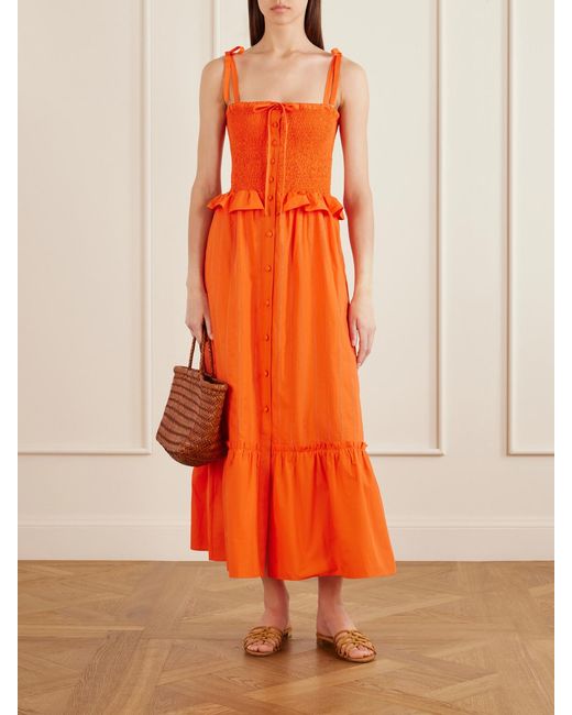 Loretta Caponi Orange Alberica Ruffled Tiered Shirred Cotton-Poplin Midi Dress