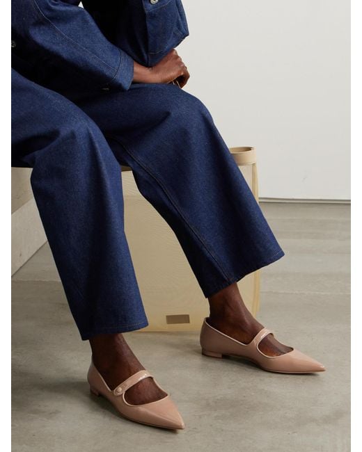 Manolo Blahnik Natural Campari Grosgrain-Trimmed Patent-Leather Ballet Flats