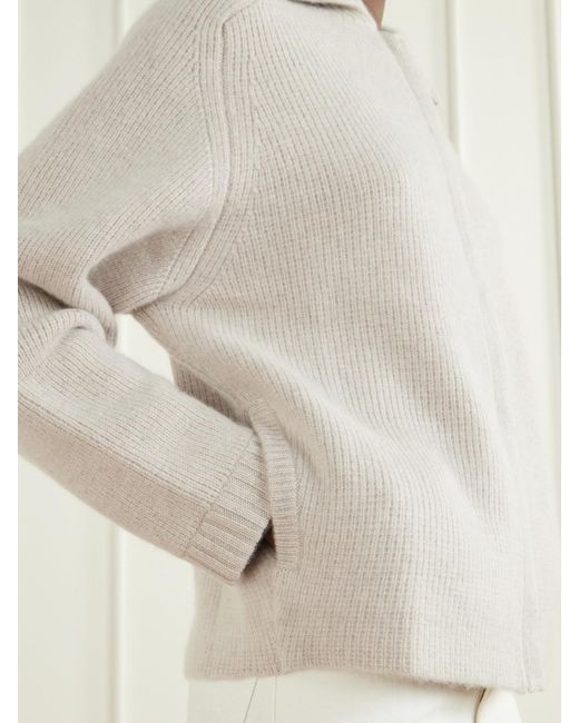 LeKasha Natural Ribbed Cashmere Zip-Up Cardigan