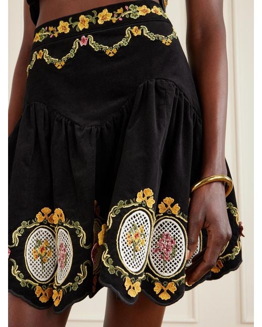 Agua Bendita Black Asai Cordillera Scalloped Embroidered Cotton-Blend Velvet Mini Skirt