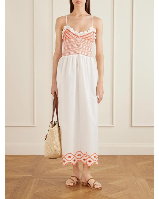 Loretta Caponi White Bianca Ruffled Emrboidered Shirred Cotton-Poplin Midi Dress