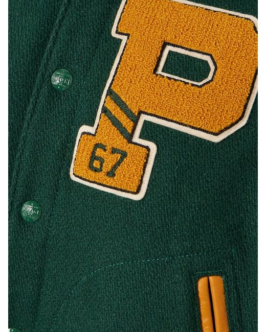 Polo Ralph Lauren Green Appliquéd Striped Leather-Trimmed Wool-Blend Varsity Jacket