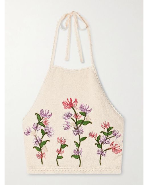 Agua Bendita White Carlota Honeysuckle Cropped Appliquéd Embroidered Cotton-Blend Bouclé Halterneck Top