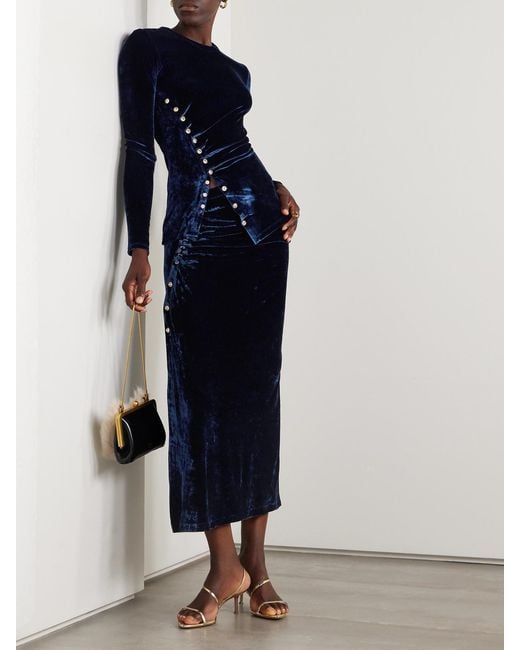 Rabanne Blue Ruched Embellished Velvet Top