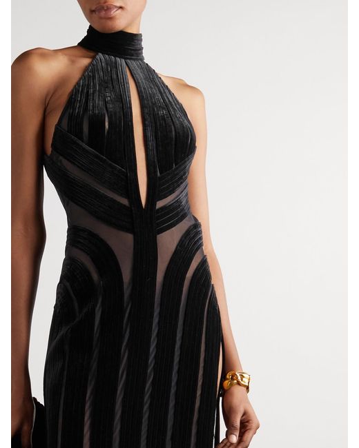 Tom Ford Black Cutout Tulle-Trimmed Velvet Halterneck Gown