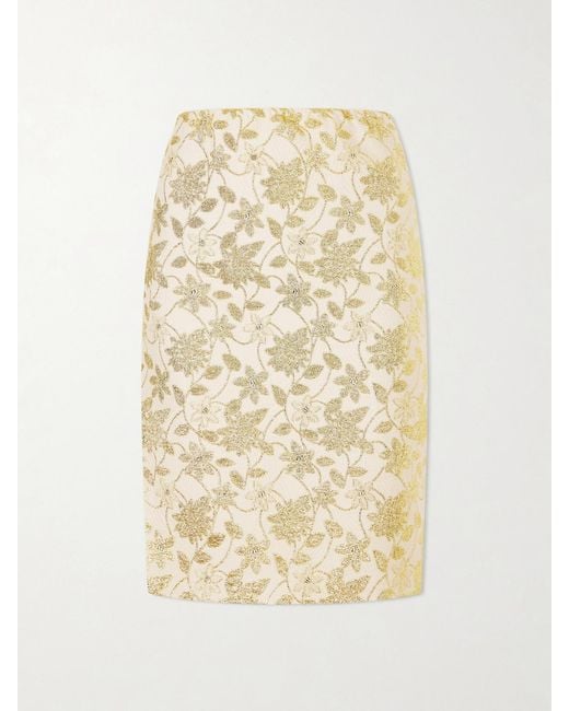 Saint Laurent Natural Floral-Brocade Midi Skirt