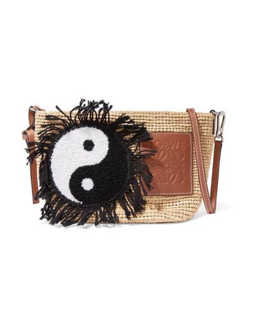 + Paula's Ibiza Pochette leather-trimmed striped raffia shoulder bag