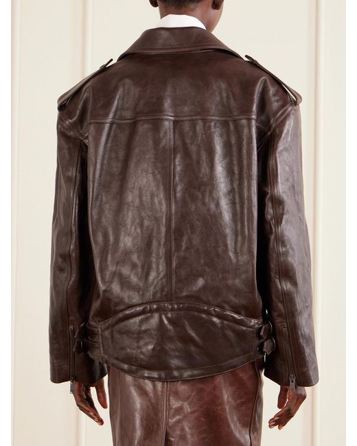 Saint Laurent Brown Glossed Textured-Leather Biker Jacket