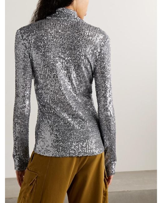 Rabanne Gray Sequined Tulle Turtleneck Top