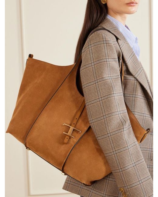 Tod's Brown T Timeless Medium Suede Shoulder Bag