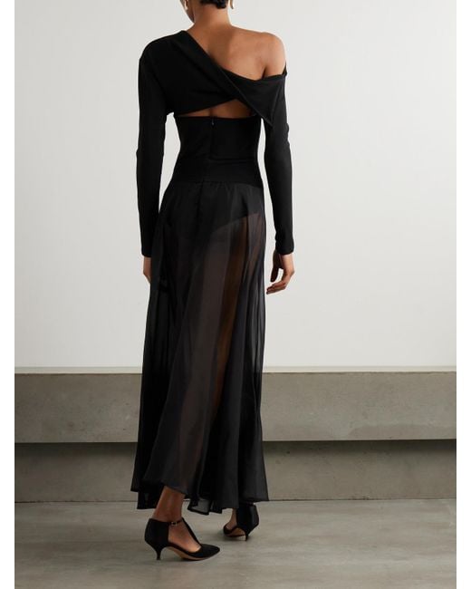 Esse Studios Black Aire Twist Asymmetric Cutout Stretch-Knit And Silk-Organza Maxi Dress