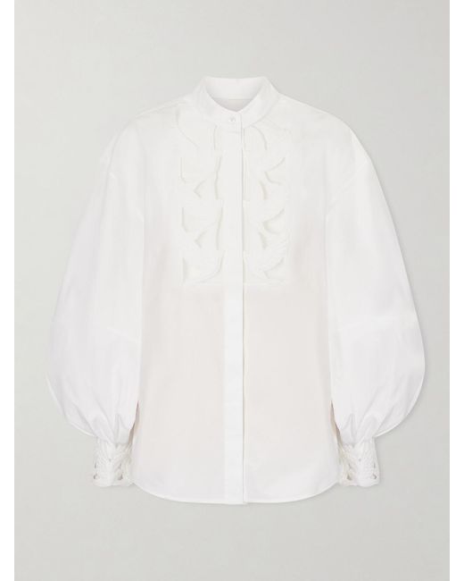 Zimmermann White Luna Embroidered Mesh-Paneled Cotton-Poplin Blouse