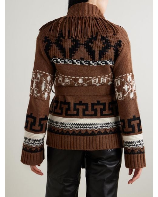 Jonathan Simkhai Brown Elwood Belted Fringed Intarsia Wool And Cashmere-Blend Cardigan