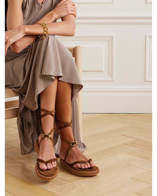 Gianvito Rossi Brown Yasmine Embellished Raffia-Trimmed Suede Sandals