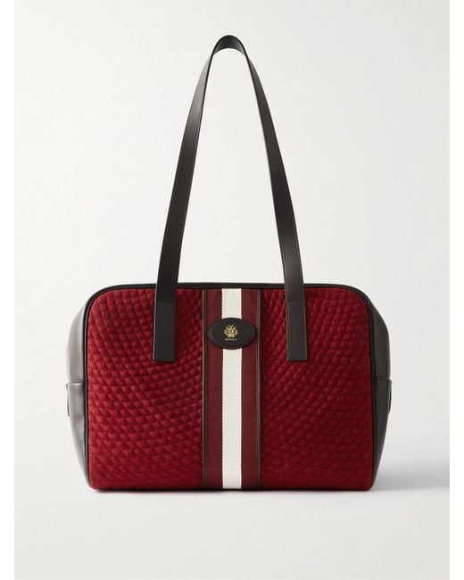 Bally Red Weekender Leather And Striped Canvas-Trimmed Quilted Felt Tote