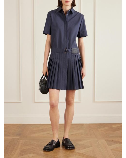 Loewe Blue Belted Pleated Cotton-Blend Mini Shirt Dress