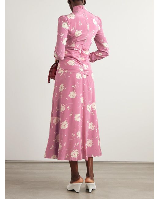 Alessandra Rich Pink Bow-Embellished Gathered Floral-Print Silk-Georgette Midi Dress
