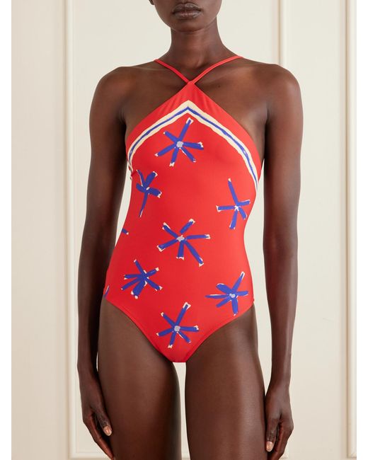 Staud Red Cadence Printed Halterneck One-Piece