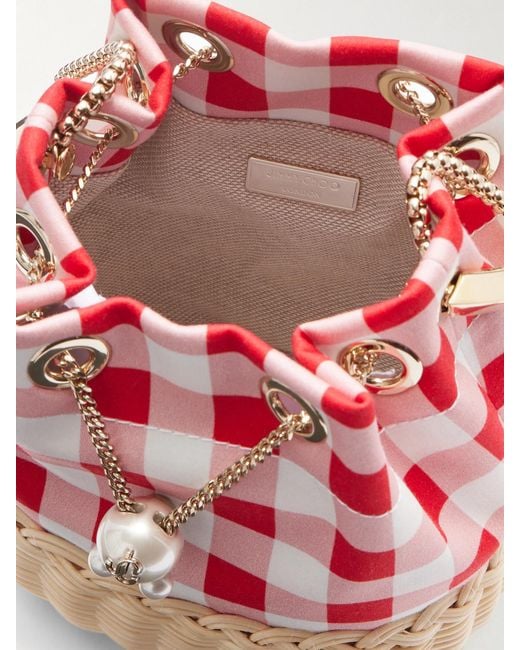 Jimmy Choo Red Bon Bon Embellished Woven Raffia Checked Woven Bucket Bag