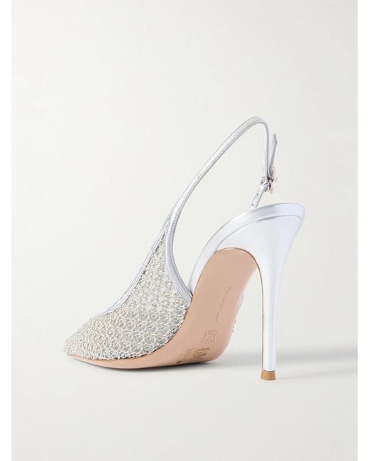 Gianvito Rossi White Itaca 95 Metallic Leather-Trimmed Embellished Mesh Slingback Pumps